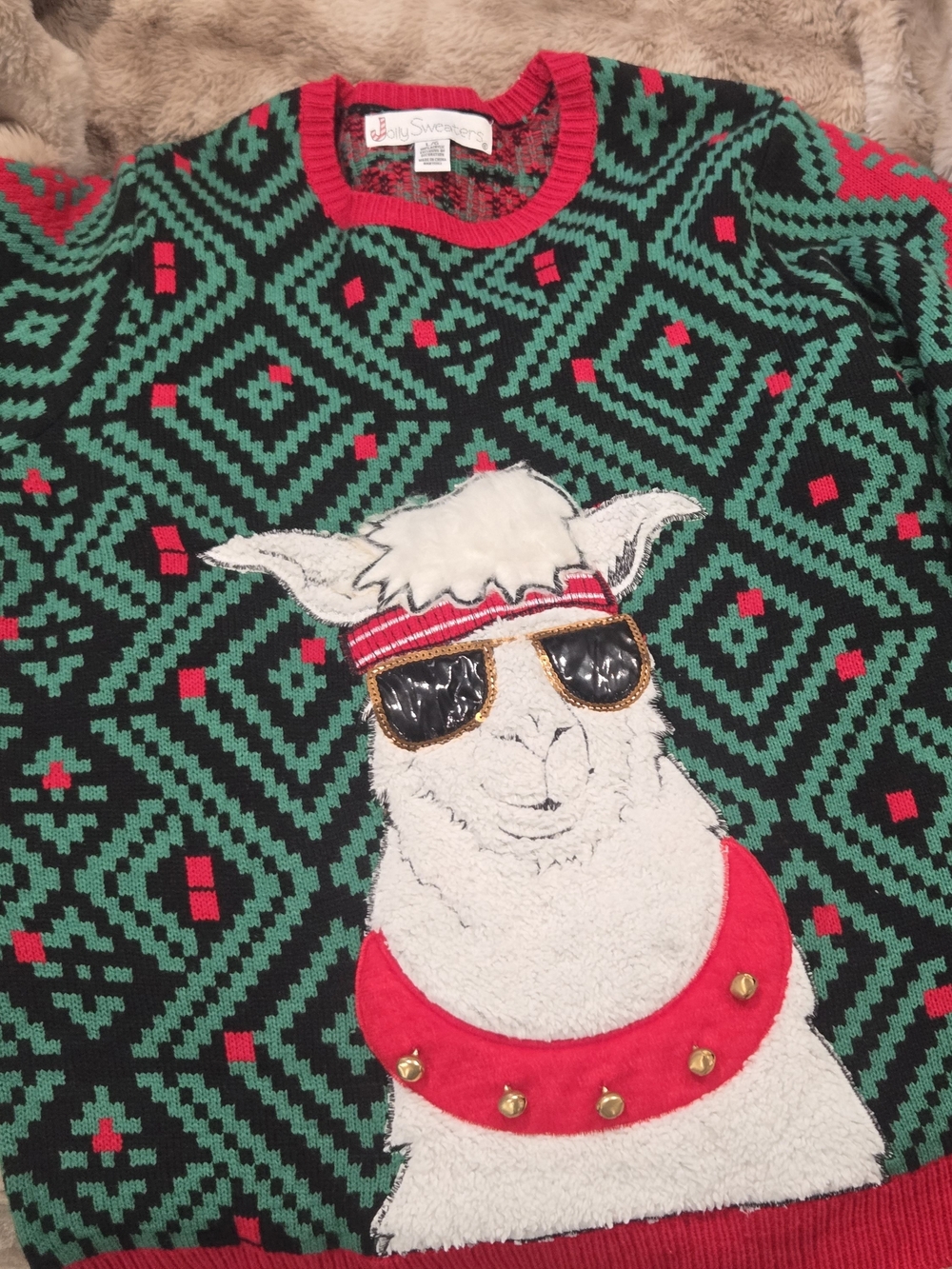 Ugly Christmas Sweater Llama With Sunglasses And Jingle Bell Collar